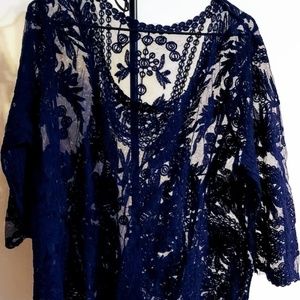 TOP LONG SLEEVE LACE BLOUSE navy